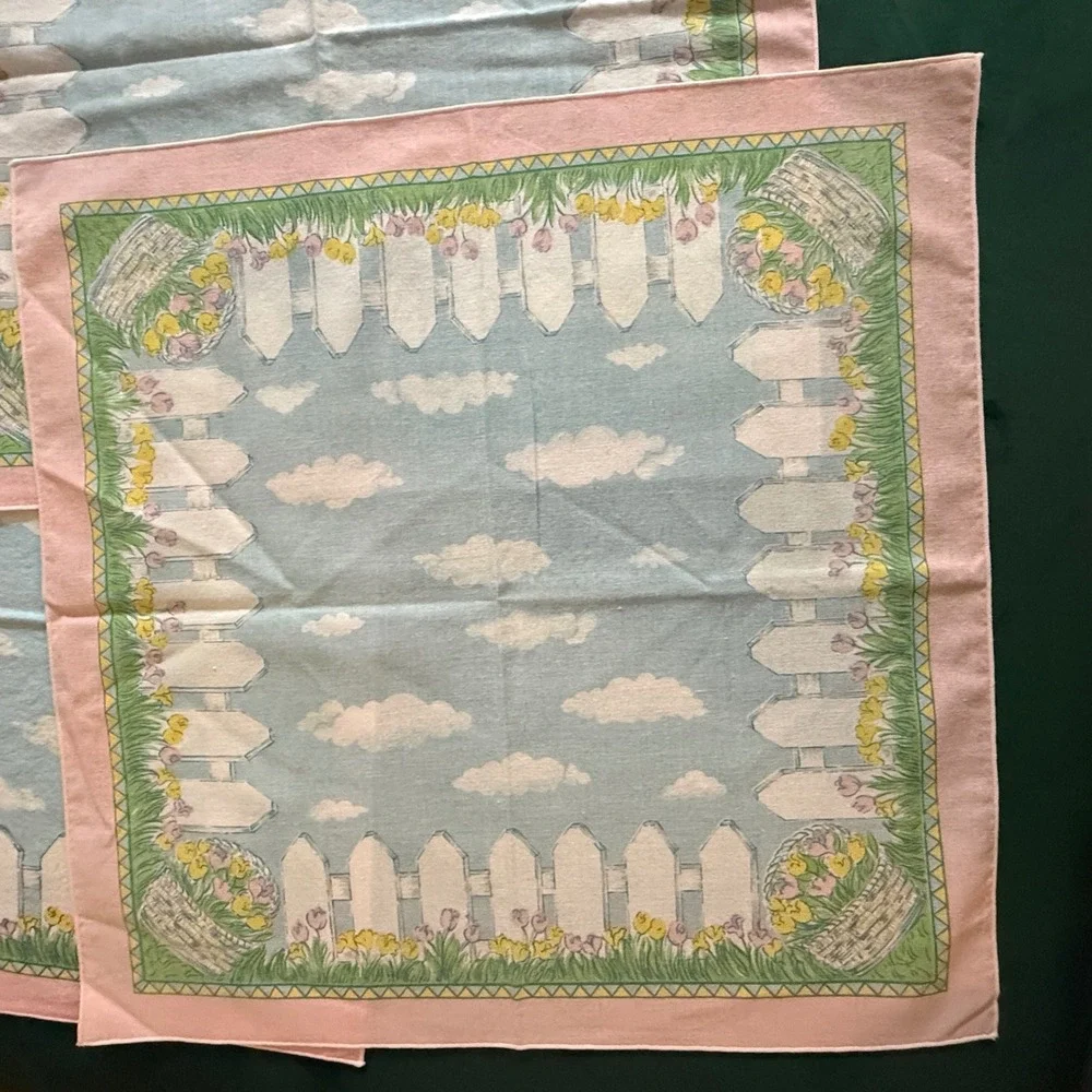 Vintage Pastel Garden Picnic Napkins Set‎ of 3 Pink Blue White Fence Floral 16in